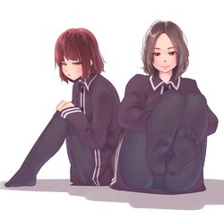  2girls :&lt; bangs black_legwear blush brown_eyes brown_hair feet green_eyes legs lips looking_at_viewer mamigon messy_hair mole multiple_girls no_shoes original pantyhose redhead school_uniform shadow short_hair simple_background sitting smile soles 