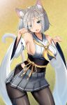  1girl adapted_costume animal_ears bangs black_legwear blue_eyes blush breasts cat_ears cat_tail contrapposto cowboy_shot detached_sleeves eyebrows_visible_through_hair eyes_visible_through_hair grey_hair grey_skirt hair_over_one_eye hamakaze_(kantai_collection) hands_up kantai_collection large_breasts looking_at_viewer obi open_mouth pantyhose paw_pose pleated_skirt ribbon-trimmed_sleeves ribbon_trim sash short_hair silver_hair sin_(kami148) skirt sleeveless solo tail teeth thighs 