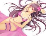  1girl armpits bikini breasts cleavage fate/grand_order fate_(series) flower hair_flower hair_ornament highres long_hair looking_at_viewer lying medium_breasts navel on_back purple_bikini purple_hair red_eyes scathach_(fate/grand_order) scathach_(swimsuit_assassin)_(fate) smile solo swimsuit tetsu_(excalibur920) very_long_hair 