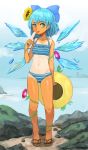  1girl absurdres blue_bow blue_eyes blue_hair bow cirno full_body hair_bow highres ice ice_wings permanentlow sandals solo standing tanned_cirno touhou wings 