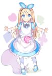  1girl alice_(wonderland) alice_in_wonderland apron bangs blonde_hair blue_dress blue_eyes blue_footwear blue_hairband blue_ribbon blush closed_mouth club_(shape) collared_dress diamond_(shape) dress eyebrows_visible_through_hair full_body hair_between_eyes hair_ribbon hairband heart kurasuke long_hair looking_at_viewer mary_janes original outstretched_arms pantyhose pocket puffy_sleeves ribbon shoes smile solo spade_(shape) spread_arms standing very_long_hair white_apron white_background white_legwear wrist_cuffs 