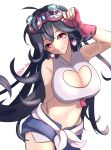  1girl black_hair blush breasts character_request cleavage cleavage_cutout closed_mouth denim denim_shorts earrings eyebrows fingerless_gloves gloves goggles goggles_on_head heart heart-shaped_pupils heart_earrings jewelry large_breasts long_hair looking_at_viewer maplestory_2 navel o_yat pink_eyes red_gloves shorts smile solo symbol-shaped_pupils thong twitter_username 