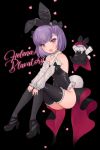  1girl :d animal_ears bare_shoulders black_background black_bow black_footwear black_legwear black_leotard blush bow breasts bunny_tail character_name detached_collar detached_sleeves fake_animal_ears fate/grand_order fate_(series) full_body hair_bow heart helena_blavatsky_(fate/grand_order) high_heels leotard looking_at_viewer miyako_(xxxbibit) open_mouth purple_hair rabbit_ears short_hair sideboob simple_background small_breasts smile solo strapless strapless_leotard tail thigh-highs violet_eyes 