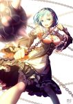  1girl anhei_dabai apron blue_hair blurry breasts chains cleavage commentary_request dated depth_of_field detached_collar detached_sleeves hair_ornament hairband holding holding_weapon legs_apart looking_at_viewer maid open_mouth re:zero_kara_hajimeru_isekai_seikatsu rem_(re:zero) short_hair signature teeth weapon white_apron x_hair_ornament 