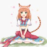  1girl :d animal_ears bell braid brown_hair cat_ears cat_tail dargo dress eyebrows_visible_through_hair full_body grass green_eyes hair_bell hair_ornament kanpani_girls long_hair lyrua_charlea midriff navel open_mouth sidelocks sitting smile solo tail twin_braids 