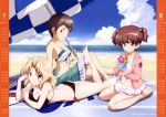  3girls absurdres alisa_(girls_und_panzer) ass barefoot beach bikini bikini_skirt black_bikini blonde_hair blue_eyes blue_sky breasts brown_eyes brown_hair calendar cleavage clouds collarbone day drinking eyebrows_visible_through_hair feet girls_und_panzer hair_ornament highres jacket kay_(girls_und_panzer) long_hair looking_at_viewer lying medium_breasts multiple_girls naomi_(girls_und_panzer) navel ocean on_stomach open_clothes open_jacket outdoors pink_jacket sarong shiny shiny_skin short_hair short_twintails side-tie_bikini sideboob sitting sky smile soles spread_toes star star_hair_ornament swimsuit the_pose toes twintails white_bikini 