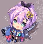  +_+ 1girl :d azur_lane chibi commentary_request crown dress green_eyes hair_ornament hair_ribbon hairpin javelin_(azur_lane) looking_at_viewer machinery mini_crown open_mouth purple_hair ribbon ringo_sui scarf smile solo turret violet_eyes white_dress 