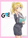  1girl ayase_eli blonde_hair blue_eyes book diagonal-striped_background earrings formal highres holding holding_book index_finger_raised jewelry long_sleeves looking_at_viewer love_live! love_live!_school_idol_project necklace open_book pencil_skirt pink_border ponytail shamakho side_slit skirt skirt_suit smile solo suit teacher twitter_username white_scrunchie 
