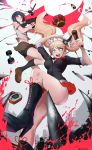  2girls :d arm_up artist_name assault_rifle bangs bare_legs bear_hair_ornament black_footwear black_hair black_jacket black_legwear black_shorts blonde_hair blood blue_eyes boots bow breasts brown_footwear brown_skirt cross-laced_footwear crown dangan_ronpa dangan_ronpa_1 dumbbell enoshima_junko freckles gun hair_ornament hammer hand_tattoo high_heel_boots high_heels highres holding holding_gun holding_hammer holding_weapon ikusaba_mukuro jacket kitchen_knife kneehighs lace-up_boots leg_up loafers long_hair looking_down medicine_bottle medium_breasts microskirt miniskirt monokuma multiple_girls nail_polish navel open_mouth parted_bangs plaid plaid_skirt pleated_skirt qosic red_bow red_nails rifle round_teeth sanpaku shirt shoes short_hair short_sleeves shorts shorts_under_skirt siblings sisters skirt smile standing standing_on_one_leg teeth thighs trigger_discipline twins twintails v-shaped_eyebrows very_long_hair weapon white_background white_shirt 