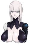  1girl bangs blame! blue_eyes blunt_bangs breasts cibo cyborg huge_breasts long_hair looking_at_viewer pale_skin robot_joints shoujo_donburi silver_hair simple_background smile white_background 