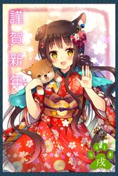  1girl animal animal_ears azu_torako brown_eyes brown_hair dog hair_ornament japanese_clothes long_hair looking_at_viewer open_mouth original solo 