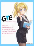  1girl ayase_eli bespectacled black_legwear blonde_hair blue_border blue_eyes book commentary_request diagonal-striped_background earrings formal glasses highres holding holding_book index_finger_raised jewelry long_sleeves looking_at_viewer love_live! love_live!_school_idol_project necklace open_book pantyhose pencil_skirt ponytail shamakho side_slit skirt skirt_suit smile solo suit teacher translation_request twitter_username under-rim_eyewear white_scrunchie 
