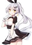  1girl :p absurdres apron bangs black_bow black_dress blush bow breasts cleavage closed_mouth cowboy_shot crescent crescent_earrings dress earrings eyebrows_visible_through_hair five-seven_(girls_frontline) from_side girls_frontline gloves grey_hair hair_bow highres jewelry jksh5056 long_hair looking_at_viewer maid medium_breasts puffy_short_sleeves puffy_sleeves short_sleeves silver_hair simple_background smile solo tongue tongue_out very_long_hair waist_apron white_background white_gloves yellow_eyes 