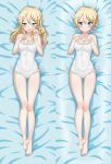  1girl alternate_hairstyle blonde_hair blue_eyes blush braid breasts cleavage cyber_(cyber_knight) dakimakura darjeeling frilled_swimsuit frills full_body girls_und_panzer hair_down highres long_hair looking_at_viewer lying medium_breasts on_back one-piece_swimsuit smile solo swimsuit 