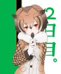  1girl blush brown_coat brown_eyes brown_hair buttons coat covered_mouth eurasian_eagle_owl_(kemono_friends) eyebrows_visible_through_hair fur_collar gloves green_background hair_between_eyes head_wings highres holding holding_spoon kemono_friends long_sleeves looking_at_viewer multicolored multicolored_background multicolored_hair pocket short_hair solo spoon temari_suzu white_background white_gloves white_hair 