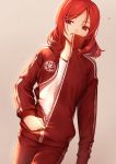  1girl collar_up commentary_request dutch_angle frown grey_background jacket long_sleeves looking_to_the_side love_live! love_live!_school_idol_project nagareboshi nishikino_maki pants parted_lips red_jacket red_pants redhead simple_background solo track_jacket track_pants track_suit unzipping violet_eyes 