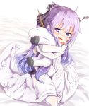  1girl ahoge azur_lane baram bed_sheet black_bow black_ribbon bow dress hair_bow hair_bun hair_ornament hair_ribbon long_hair looking_at_viewer object_hug pantyhose purple_hair ribbon smile solo stuffed_animal stuffed_toy stuffed_unicorn unicorn_(azur_lane) violet_eyes white_background white_dress white_legwear 