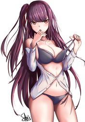  1girl :o absurdres bangs bare_shoulders black_bra black_panties blunt_bangs bra breasts cleavage collarbone cowboy_shot finger_in_mouth girls_frontline highres ichikawayan large_breasts long_hair long_sleeves looking_at_viewer navel off_shoulder one_side_up open_clothes open_mouth open_shirt panties partially_unbuttoned pulled_by_self red_eyes shirt signature simple_background solo standing straight_hair strap_pull thighs tsurime underwear very_long_hair violet_eyes wa2000_(girls_frontline) white_background white_shirt 