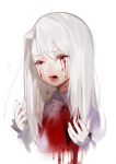  1girl bangs blood blood_on_face bloody_clothes bloody_tears close-up closed_eyes cravat d: eyebrows_visible_through_hair fate/zero fate_(series) hair_between_eyes hands_up highres illyasviel_von_einzbern long_sleeves ohisashiburi open_mouth simple_background solo spoilers white_background white_hair 