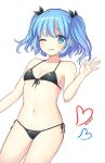  1girl bangs bare_arms bikini black_bikini black_ribbon blue_eyes blue_hair breasts cleavage collarbone dated front-tie_bikini front-tie_top grin groin hair_ribbon heart highres kawashiro_nitori looking_at_viewer navel one_eye_closed ribbon side-tie_bikini simple_background small_breasts smile solo swimsuit teeth thighs touhou two_side_up waving white_background yamayu 