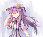  1girl adjusting_eyewear bespectacled blue_ribbon breasts capelet clear_echoes crescent crescent_hair_ornament dress glasses hair_ornament hat long_hair looking_at_viewer mob_cap patchouli_knowledge purple_hair red-framed_eyewear red_ribbon ribbon short_sleeves smile solo striped striped_dress touhou very_long_hair violet_eyes 