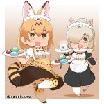  2girls :d alpaca_ears alpaca_suri_(kemono_friends) animal_ears blonde_hair bow bowtie capriccyo chibi commentary_request cup food fur_trim green_eyes grey_eyes hair_between_eyes hair_over_one_eye highres holding holding_plate japari_bun kemono_friends looking_at_viewer multiple_girls open_mouth plate serval_(kemono_friends) serval_ears serval_tail short_hair short_sleeves smile tail teacup twitter_username 