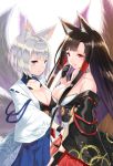  2girls akagi_(azur_lane) animal_ears azur_lane bare_shoulders black_gloves blue_eyes bob_cut breasts brown_hair choker cleavage fox_ears fox_tail gloves japanese_clothes kaga_(azur_lane) long_hair medium_breasts multiple_girls multiple_tails red_eyes short_hair silver_hair simple_background smile tail white_background yasuyuki 