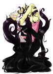  1girl absurdly_long_hair absurdres ass barefoot black_eyes black_hair book closed_mouth cup from_side hhhori highres holding holding_book holding_cup kejourou_(monster_girl_encyclopedia) kirby long_hair long_sleeves monster_girl_encyclopedia open_book pajamas pink_shirt prehensile_hair profile reading shirt signature simple_background smile soles solo very_long_hair white_background 
