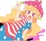  1girl american_flag_dress american_flag_legwear blonde_hair clownpiece dress fairy_wings fang hat index_finger_raised ini_(inunabe00) jester_cap long_hair looking_at_viewer neck_ruff open_mouth pantyhose polka_dot short_dress short_sleeves simple_background smile solo star star_print striped torch touhou very_long_hair violet_eyes wavy_hair white_background wings 