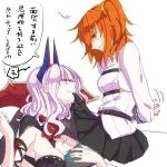  2girls black_skirt blush bound bound_arms breasts carmilla_(fate/grand_order) chains cleavage fate/grand_order fate_(series) fujimaru_ritsuka_(female) hollomaru long_sleeves looking_at_another looking_down looking_up multiple_girls orange_eyes orange_hair pointy_ears purple_hair shirt side_ponytail skirt sweat translation_request white_background white_shirt yuri 