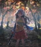  1girl autumn bare_shoulders day detached_sleeves dress forest hatchet head_tilt holding long_hair looking_at_viewer multicolored multicolored_clothes multicolored_dress nature oriental_hatchet outdoors red_eyes sakata_nemuno saltlaver silver_hair single_strap smile solo standing touhou tree 