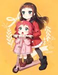  2girls :&lt; :o bangs black_hair blunt_bangs blush boots closed_mouth coat commentary_request green_eyes kick_scooter kurosawa_dia kurosawa_ruby long_hair love_live! love_live!_sunshine!! mole mole_under_mouth multiple_girls open_mouth orange_background pantyhose redhead sakura_yuki_(clochette) shoes siblings sisters skirt sweatdrop two_side_up winter_clothes winter_coat younger 