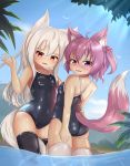  2girls absurdres animal_ears ass black_legwear competition_school_swimsuit cowboy_shot fox_ears fox_tail hair_bobbles hair_ornament highres hotel01 long_hair looking_at_viewer multiple_girls one-piece_swimsuit one_side_up open_mouth original outdoors partially_submerged pink_eyes pink_hair plant ponytail red_eyes school_swimsuit short_hair small_breasts swimsuit tail thigh-highs water waving wet white_hair white_legwear 
