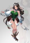  1girl bare_shoulders black_hair breasts closed_mouth covered_navel detached_sleeves full_body green_eyes green_leotard hair_ornament head_wings large_breasts leotard long_hair looking_at_viewer monster_girl original solo talons thigh_gap tigersaber very_long_hair zoom_layer 