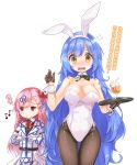  2girls animal_ears bare_shoulders black_gloves black_legwear blue_hair blush bow breasts bunny_girl bunny_tail bunnysuit cleavage cup detached_collar drinking_glass drinking_straw eyebrows_visible_through_hair fatkewell girls_frontline gloves hair_between_eyes hair_bow half_gloves hexagram large_breasts leotard long_hair multiple_girls musical_note negev_(girls_frontline) open_mouth pantyhose pink_hair rabbit_ears red_bow red_eyes simple_background star_of_david tail tar-21_(girls_frontline) tray white_background white_gloves white_leotard wrist_cuffs yellow_eyes 