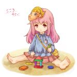  1girl alternate_costume bad_id bad_twitter_id bag barefoot building_block character_name chibi dangan_ronpa feet full_body handbag hata_no_kokoro kindergarten_bag kindergarten_uniform long_hair long_sleeves mask name_tag pink_eyes pink_hair playing shirt simple_background sitting skirt soles solo super_dangan_ronpa_2 text toes touhou translated urin white_background younger 