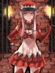  1girl bangs breasts candle cleavage elbow_gloves fate/grand_order fate_(series) gloves hat highres long_hair looking_at_viewer marionette_(excle) medb_(fate/grand_order) medium_breasts midriff skirt solo standing thigh-highs whip yellow_eyes 