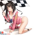  1girl all_fours aori_sora arm_support asymmetrical_legwear bangs barefoot black_hair breasts cleavage closed_mouth eyebrows_visible_through_hair fate/grand_order fate_(series) flag fur-trimmed_hood fur-trimmed_legwear fur_trim holding_flag hood hood_down hoodie index_finger_raised ishtar_(fate/grand_order) kneeling large_breasts leg_belt long_hair panties patreon_logo patreon_username pink_eyes pink_hoodie simple_background single_thighhigh smile solo thigh-highs tohsaka_rin two_side_up underwear white_background white_panties 
