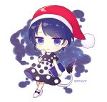  1girl blue_eyes blue_hair blush book chibi cow_tail dated doremy_sweet eyebrows_visible_through_hair full_body hat holding holding_book looking_at_viewer parted_lips red_hat short_hair sleeping_cap smile solo tail touhou yamayu 