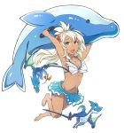  1girl :d ahoge alternate_costume bare_shoulders barefoot bikini bikini_skirt blonde_hair bow breasts cleavage dark_skin dolphin dragon feet flower full_body granblue_fantasy hair_between_eyes hair_flower hair_ornament long_hair looking_at_viewer medium_breasts navel open_mouth orange_eyes red_eyes simple_background smile solo swimsuit tail tail_bow the_order_grande toes white_background white_bikini white_hair yuugiri 