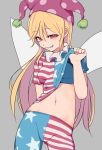  1girl american_flag_legwear american_flag_shirt arm_behind_back bare_arms blonde_hair breasts clownpiece commentary_request contrapposto cowboy_shot eyebrows_visible_through_hair fairy_wings gluteal_fold grey_background grin hair_between_eyes half-closed_eyes hand_up hat jester_cap lifted_by_self long_hair looking_at_viewer marsen medium_breasts naughty_face navel neck_ruff pantyhose polka_dot red_eyes ringed_eyes shirt shirt_lift short_sleeves simple_background smile smirk solo sports_bra star star_print stomach striped touhou wings 