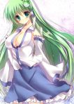  1girl amane_ruri blush breasts cleavage collarbone detached_sleeves frog_hair_ornament green_eyes green_hair hair_ornament hair_tubes highres kochiya_sanae large_breasts long_hair revision solo touhou very_long_hair wide_sleeves 