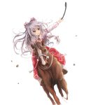  1girl armband bow bridle dutch_angle fujiwara_no_mokou hair_blowing hair_bow highres horse horseback_riding long_hair long_sleeves looking_to_the_side ofuda outstretched_arm pants parted_lips reins riding riding_crop sandals shimada_sara silver_hair simple_background sketch solo tabi touhou unfinished violet_eyes white_background 