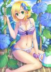  1girl blonde_hair blue_flower blush bra breasts cleavage closed_mouth collarbone flower green_eyes groin hair_flower hair_ornament highres jewelry legs light_smile looking_at_viewer morning_glory mu_ying_rong navel necklace original panties pendant plant purple_bra purple_panties scrunchie short_hair sitting smile solo suikakitsu_shiro thighs underwear underwear_only wariza watering_can wrist_scrunchie 