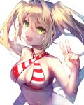  1girl blonde_hair blush breasts cleavage collarbone criss-cross_halter deep_(deep4946) fate/grand_order fate_(series) green_eyes halterneck highres large_breasts long_hair looking_at_viewer navel nero_claudius_(swimsuit_caster)_(fate) open_mouth smile solo twintails upper_body v 