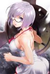  1girl ass bare_arms bare_shoulders black-framed_eyewear breasts collarbone dress erect_nipples fate/grand_order fate_(series) from_side glasses halterneck highres holding_shield large_breasts looking_at_viewer no_bra purple_hair shield shielder_(fate/grand_order) short_dress short_hair sideboob solo teoshiguruma under-rim_eyewear violet_eyes 
