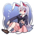    1girl animal_ears blazer commentary_request crescent dress_shirt gradient_hair hammer_(sunset_beach) jacket lavender_hair loafers long_hair looking_at_viewer multicolored_hair rabbit_ears reisen_udongein_inaba shirt shoes skirt smile solo suggestive_fluid touhou 