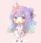  1girl :d azur_lane blue_hair chibi commentary_request doll_hug dress hair_ornament hair_ribbon haur_bun kouu_hiyoyo long_hair looking_at_viewer mittens open_mouth orange_eyes ribbon smile solo stuffed_animal stuffed_toy twitter_username unicorn_(azur_lane) white_dress 