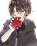  1boy apple brown_hair character_check coat commentary_request ensemble_stars! eyebrows_visible_through_hair fangs fingernails food fruit hair_between_eyes hand_up holding holding_fruit looking_away looking_to_the_side male_focus open_mouth poni_(rito) red_eyes sakuma_ritsu simple_background solo white_background 