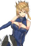  1girl ahoge artoria_pendragon_(all) artoria_pendragon_(lancer) bare_shoulders blonde_hair breasts crown detached_sleeves fate/grand_order fate_(series) fur_trim green_eyes hair_between_eyes large_breasts looking_at_viewer parted_lips sidelocks sitting smile solo upper_body 